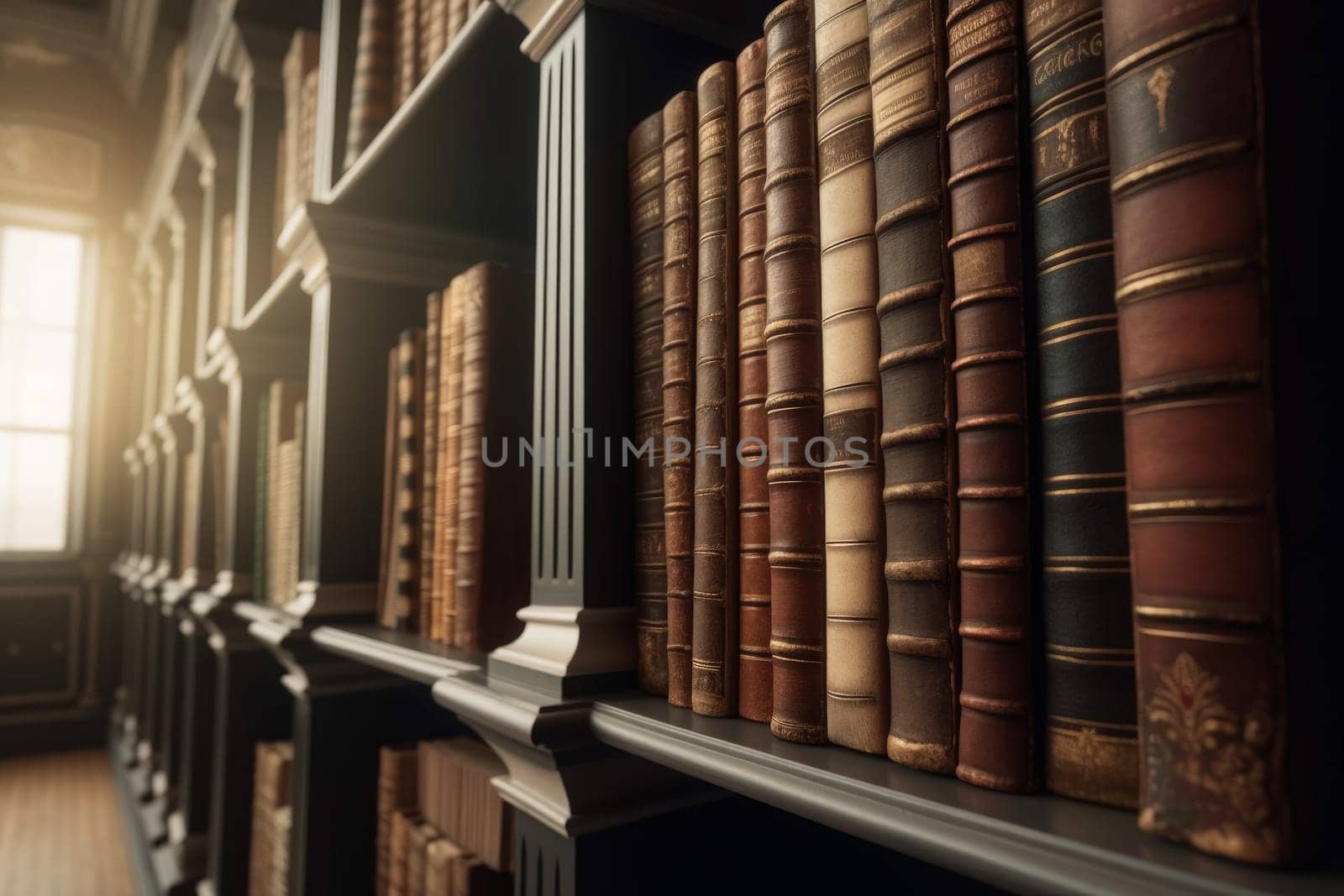 Closeup library old books. History stack. Generate Ai