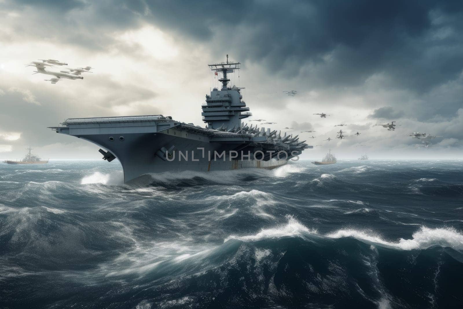 Military aircraft storm. Sea ship. Generate Ai