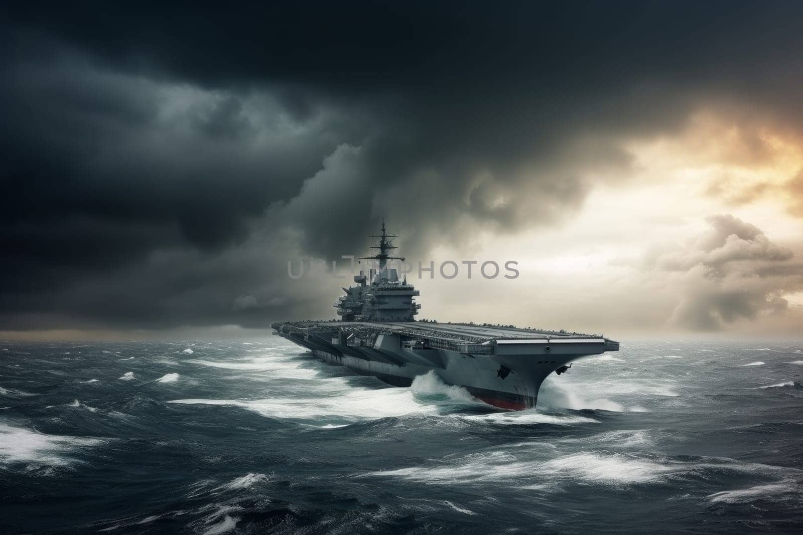 Military aircraft in sea. Sky storm. Generate Ai