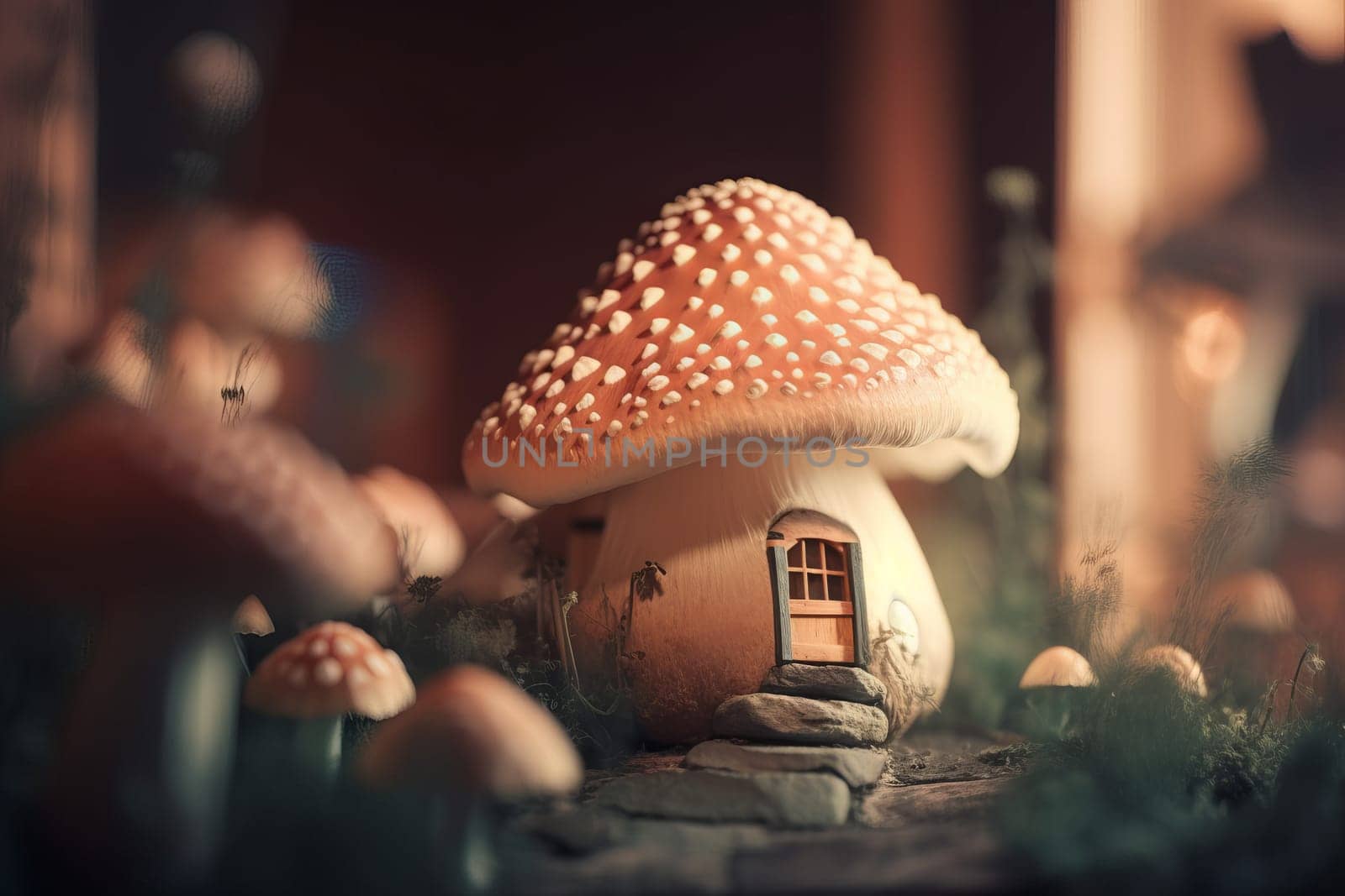 Mushroom forest house. Fairytale garden. Generate Ai