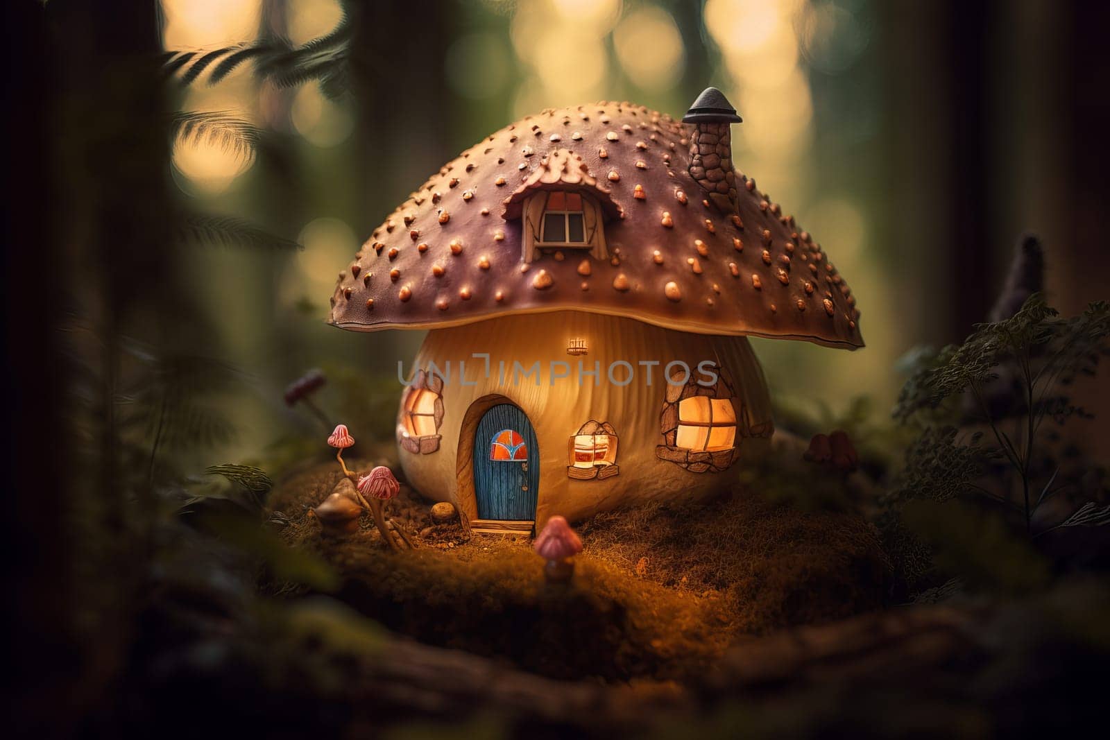 Mushroom forest house. Fairytale summer garden. Generate Ai