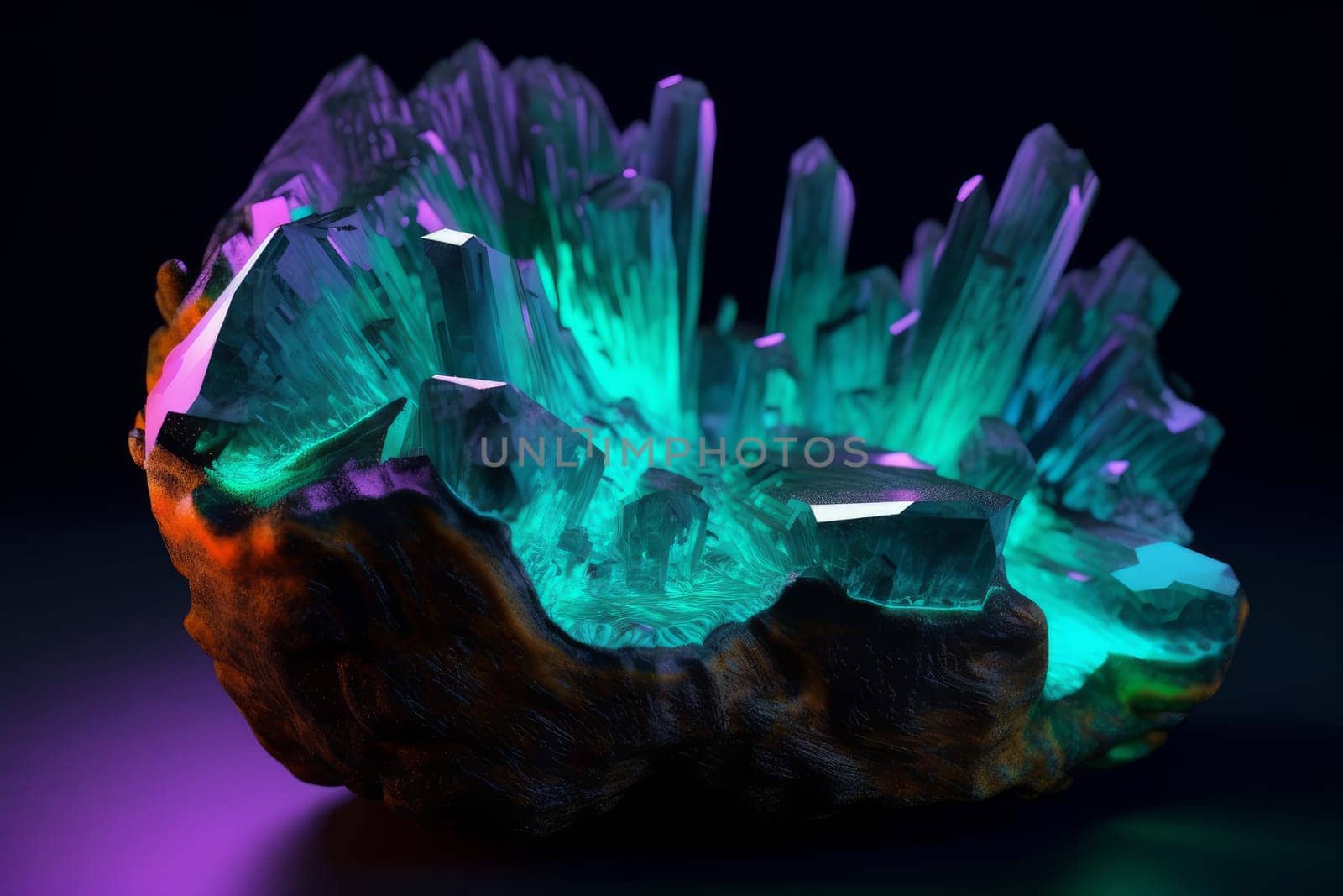 Neon glowing sulphuric cracked crystals. Surface effect. Generate Ai