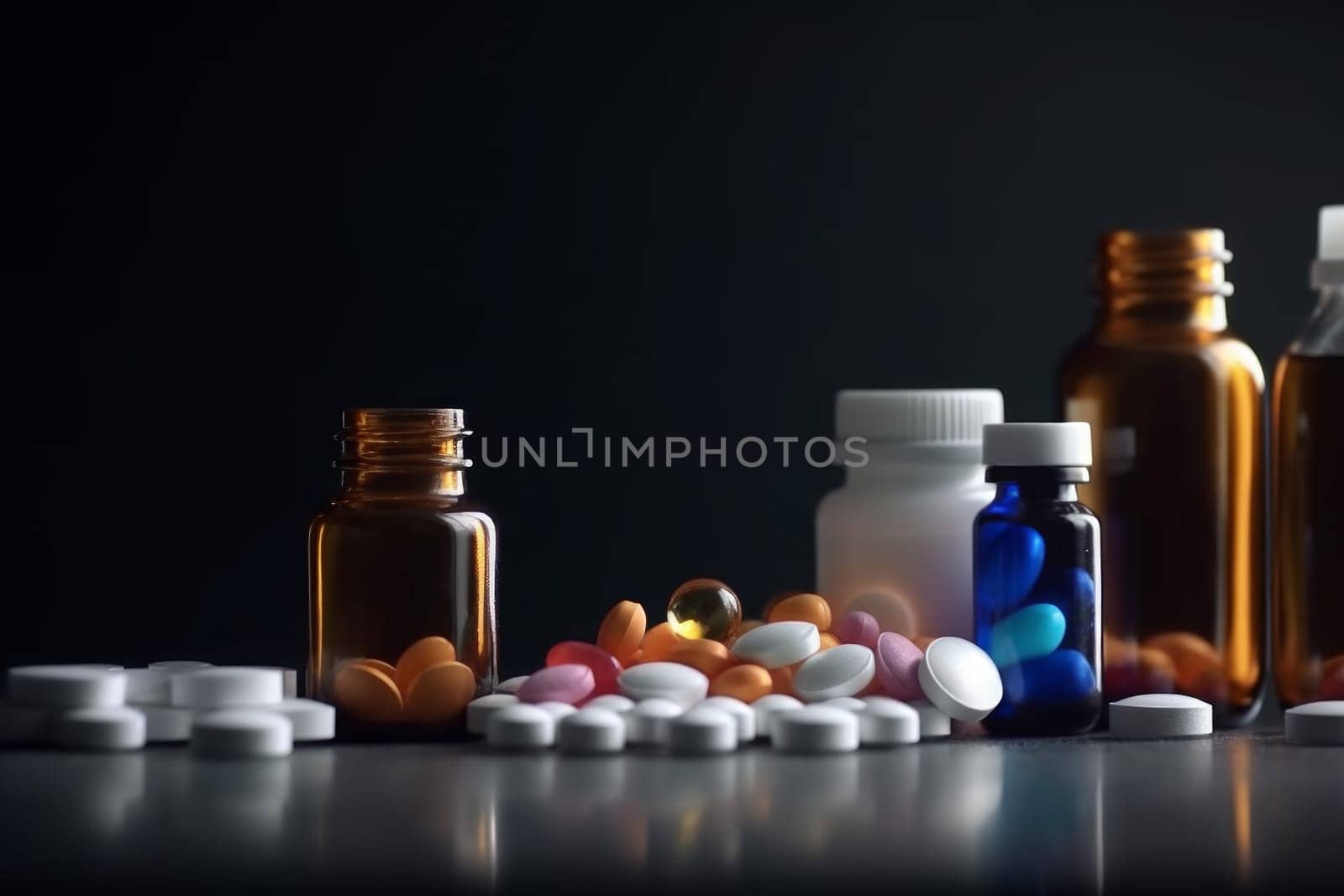 Pills drug bottles. Medical health. Generate Ai