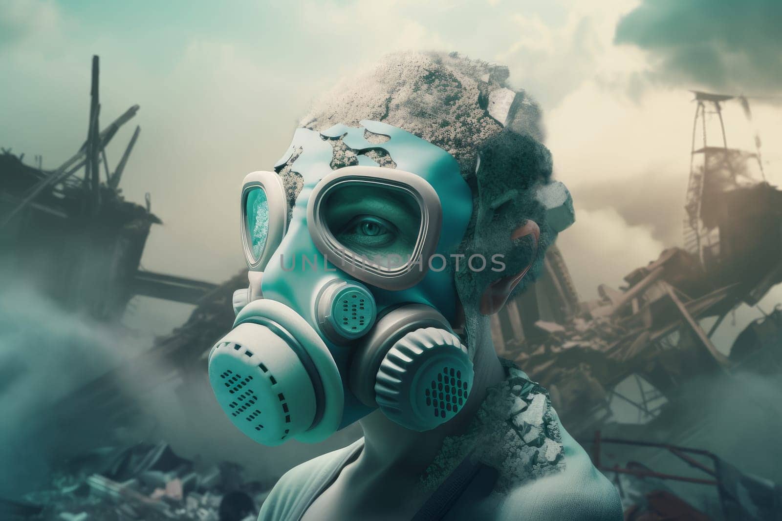 Person in gas mask in polluted air. Air safety. Generate Ai