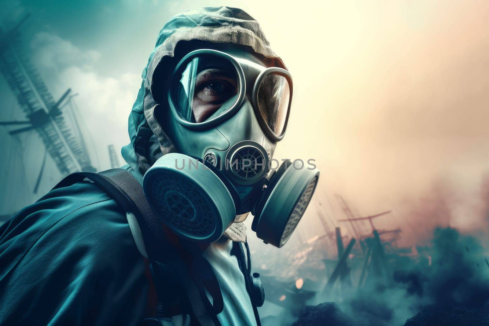 Man in air gas mask. Polluted air. Generate Ai