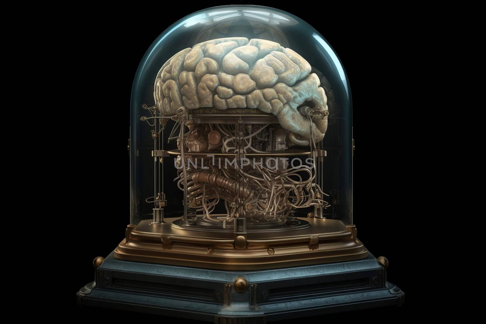 Brain mechanical glass globe. Cyber mind. Generate Ai