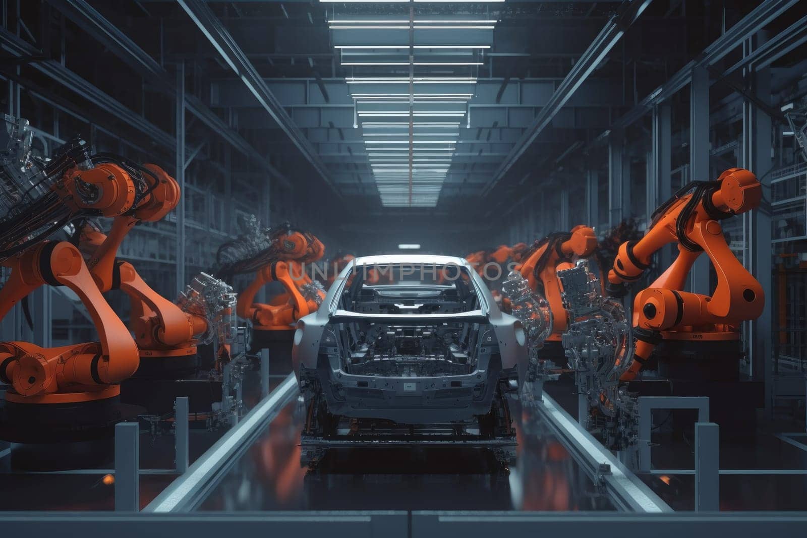 Robot assembly car. Robot factory line. Generate Ai