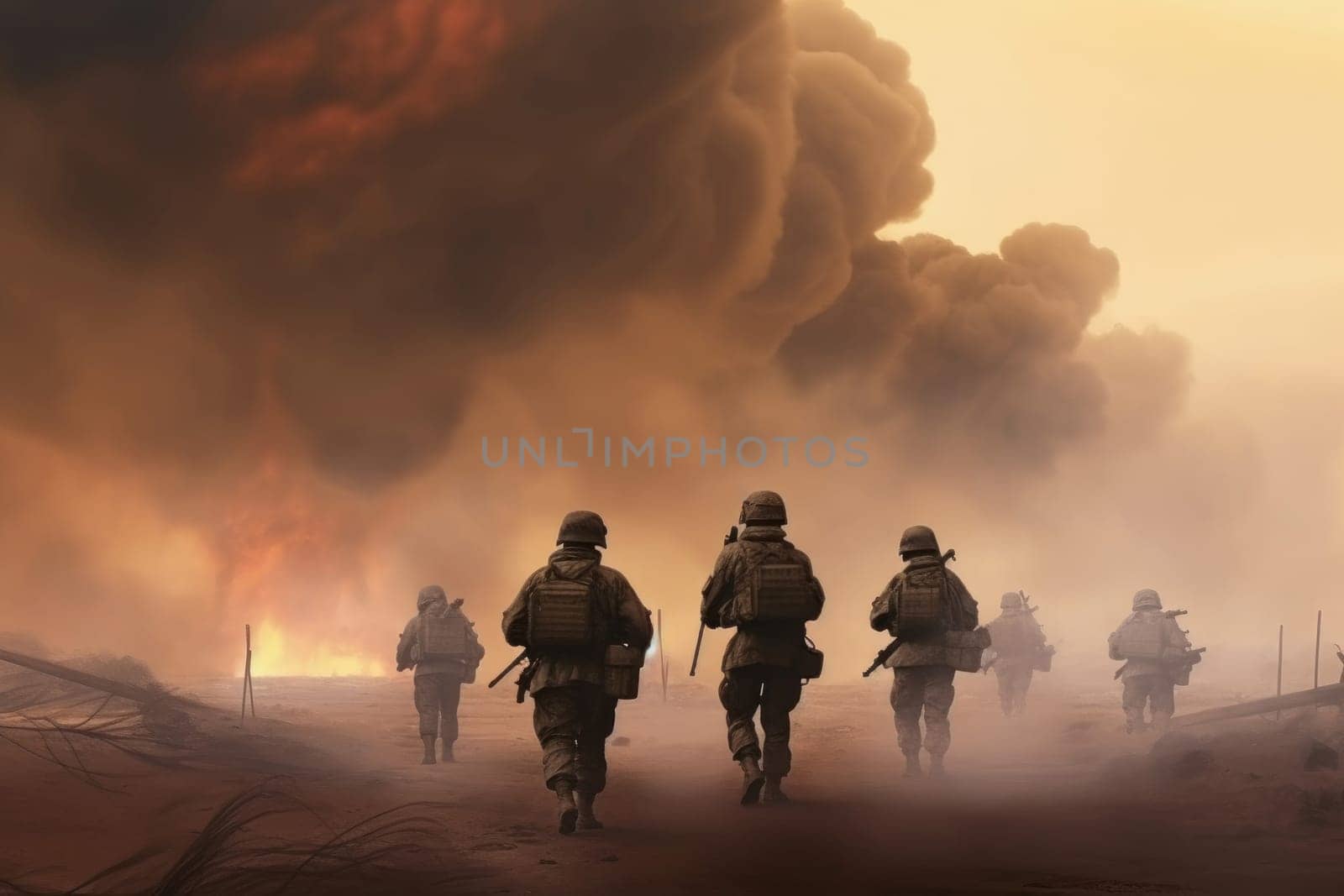 Warzone soldiers in smoke. Military battle. Generate Ai