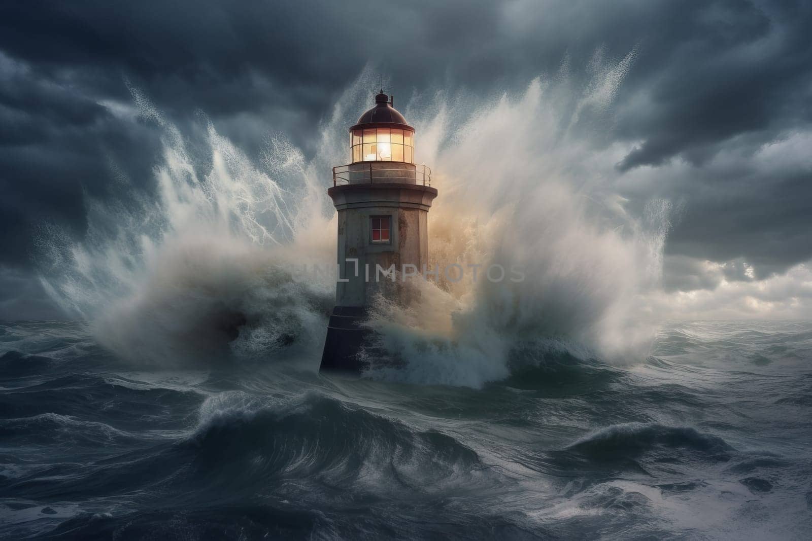 Sea storm splash on lighthouse. Sea big wave. Generate Ai