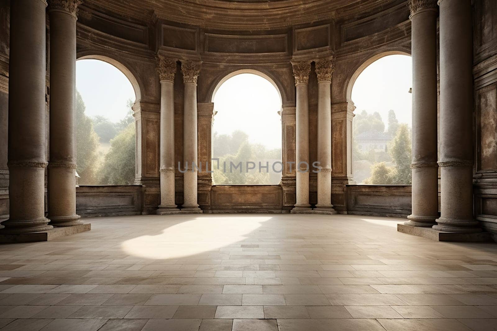 Old antique building with high columns, view from the inside. Generated by artificial intelligence by Vovmar