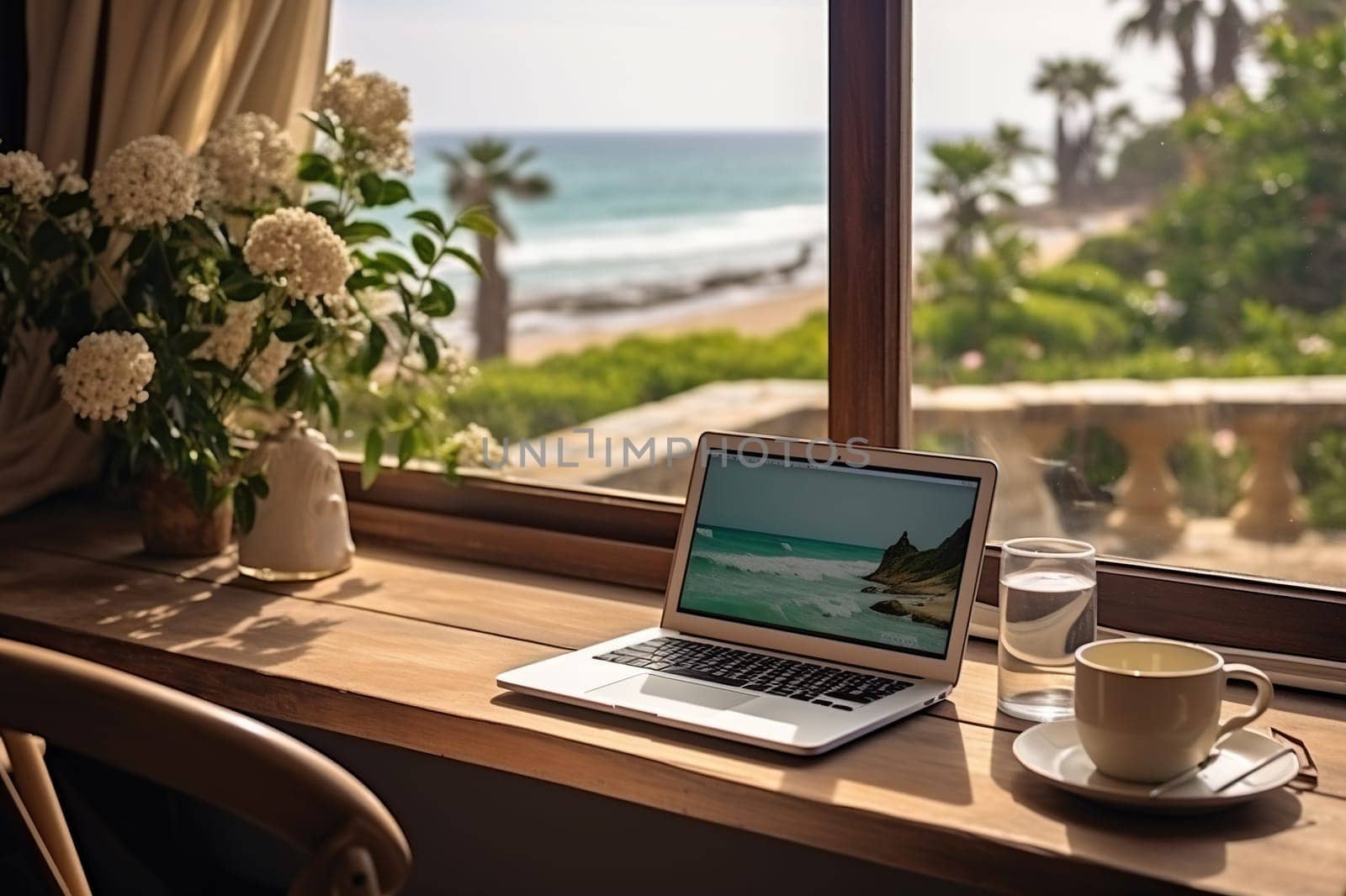 The laptop stands on the table overlooking the sea and the beach.. Freelance concept. Generated by artificial intelligence by Vovmar