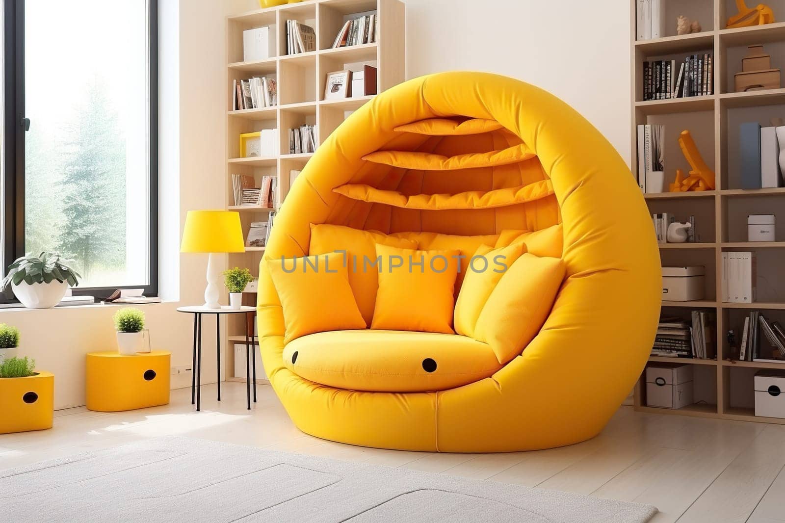 Yellow designer stylish chair in the interior of a bright room. Generated by artificial intelligence by Vovmar