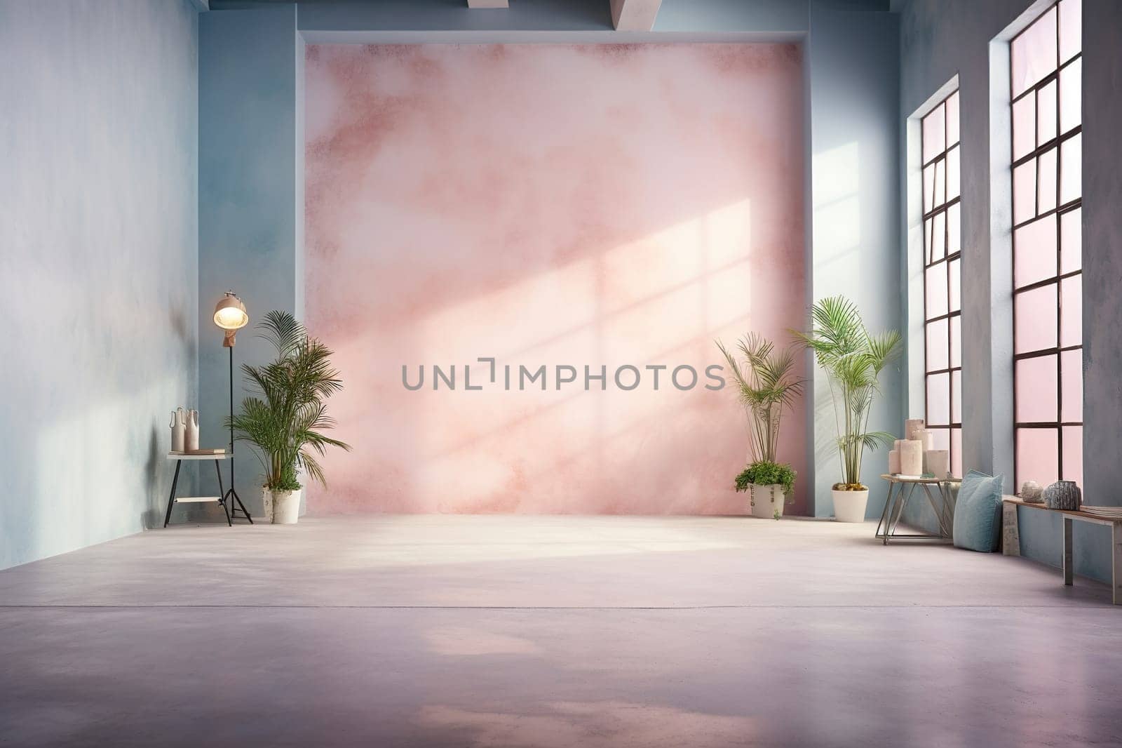 Large room with pink wall and potted plants. Stylish interior.