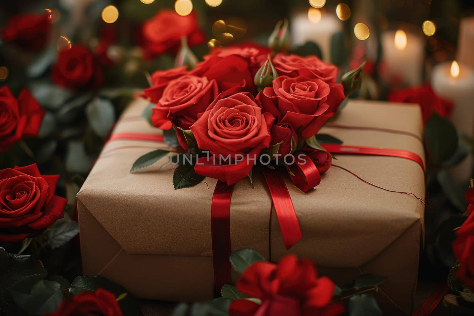 A gift box with a red ribbon and a bunch of red roses arranged around it.