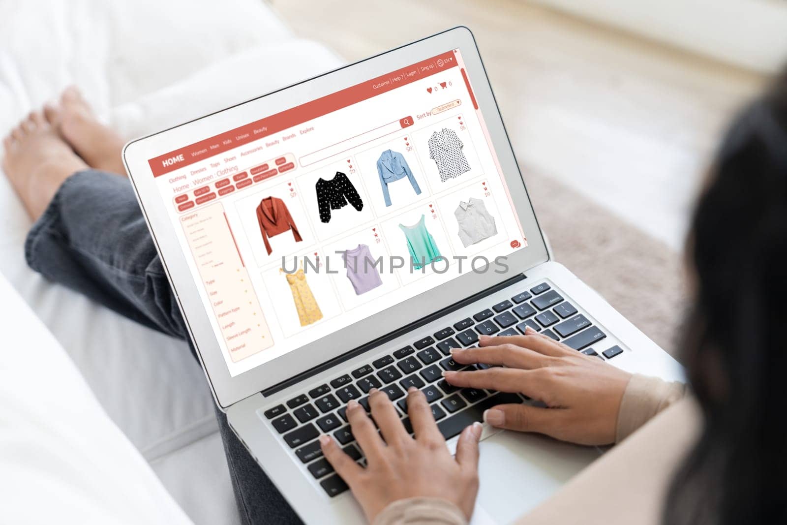 Woman shopping online on internet marketplace browsing for crucial sale items by biancoblue