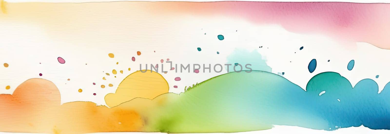 Holiday celebration banner with cute Easter decorated colorful watercolor spots background. Happy Easter greeting card, banner, invitation, festive background, posters wallpaper. Copy space