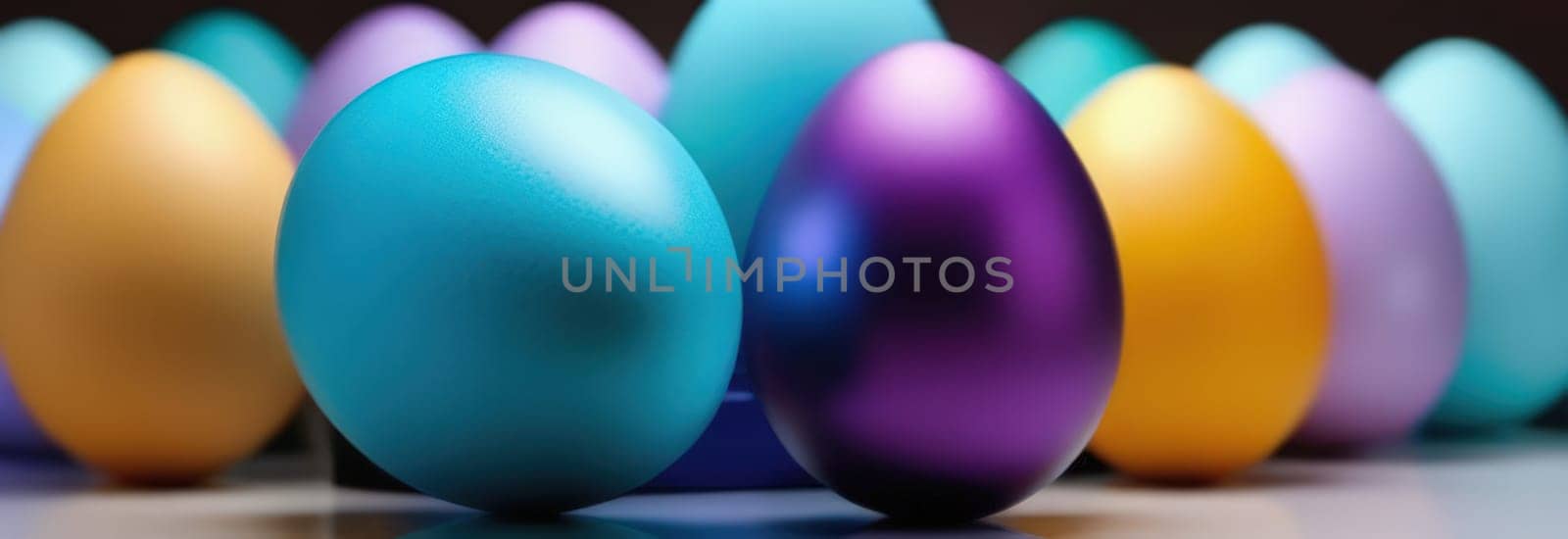 Holiday celebration banner with cute Easter decorated eggs on wooden table. Colorful eggs. Happy Easter greeting card, banner, invitation, festive background, posters wallpaper. Copy space