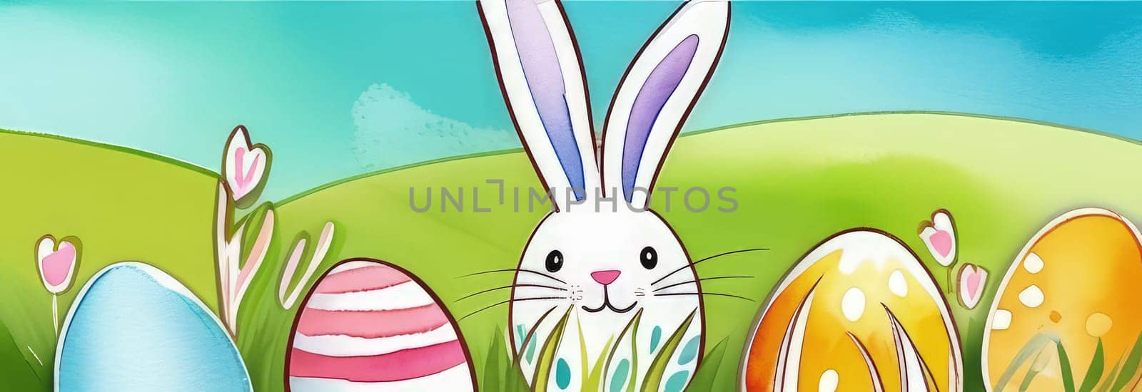 Holiday celebration banner with cute Easter bunny with decorated eggs and spring flowers on green spring meadow. Rabbit in landscape. Happy Easter greeting card, banner, festive background. Copy space