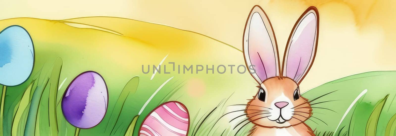 Holiday celebration banner with cute Easter bunny with decorated eggs and spring flowers on green spring meadow. Rabbit in landscape. Happy Easter greeting card, banner, festive background. Copy space
