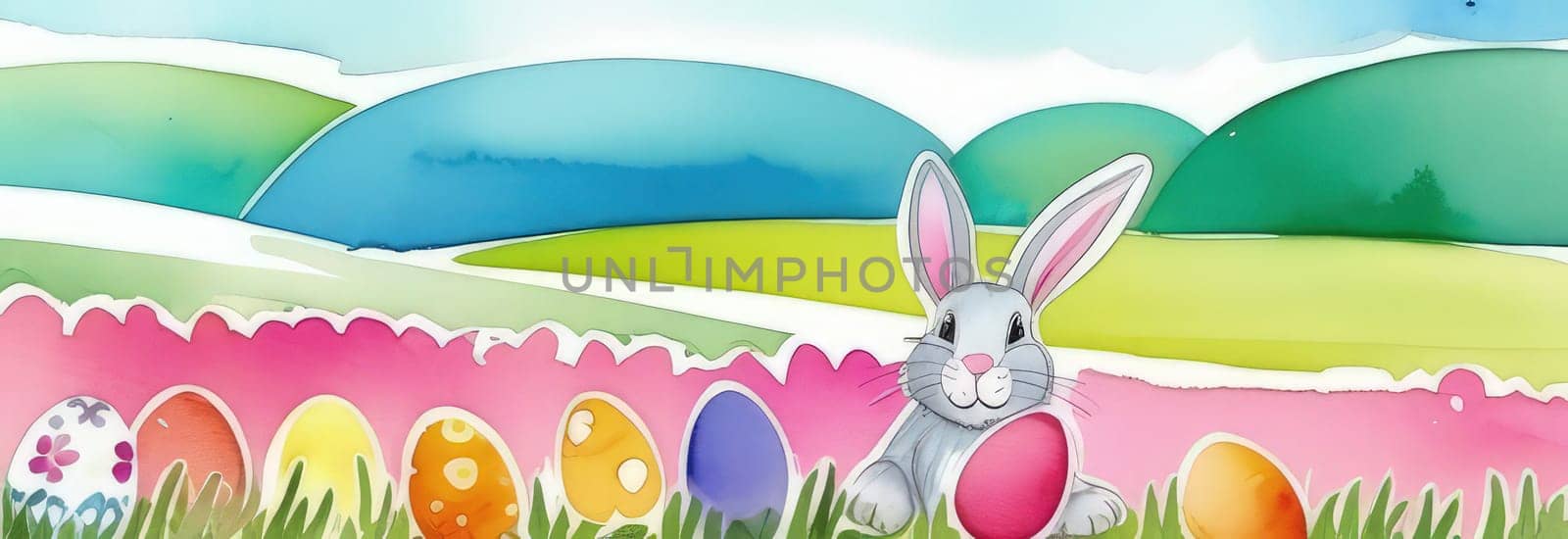 Holiday celebration banner with cute Easter bunny with decorated eggs and spring flowers on green spring meadow. Rabbit in landscape. Happy Easter greeting card, banner, festive background. Copy space