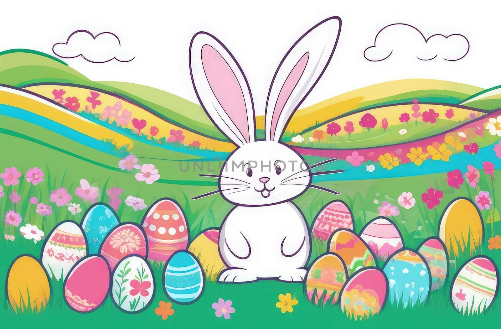 Holiday celebration banner with cute Easter bunny with decorated eggs and spring flowers on green spring meadow. Rabbit in landscape. Happy Easter greeting card, banner, festive background. Copy space