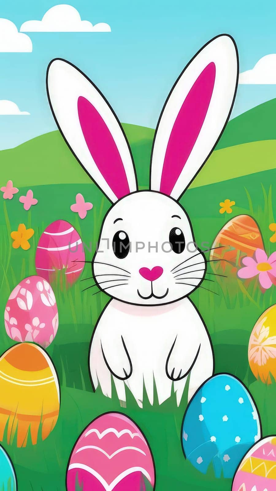Holiday celebration banner with cute Easter bunny with decorated eggs and spring flowers on green spring meadow. Rabbit in landscape. Happy Easter greeting card, banner, festive background. Copy space