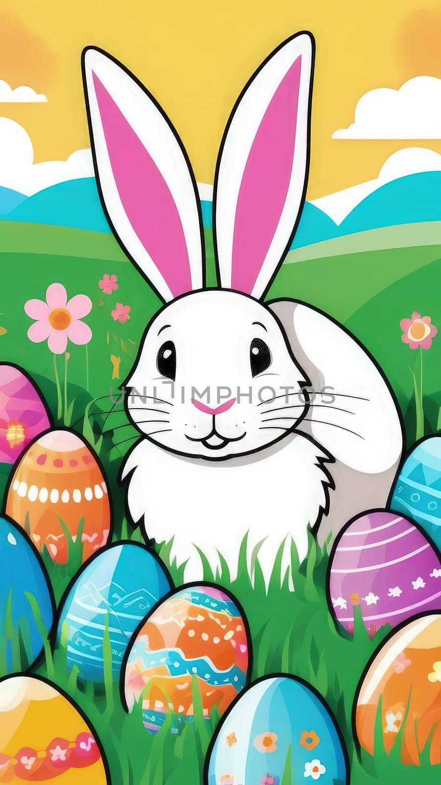 Holiday celebration banner with cute Easter bunny with decorated eggs and spring flowers on green spring meadow. Rabbit in landscape. Happy Easter greeting card, banner, festive background. Copy space