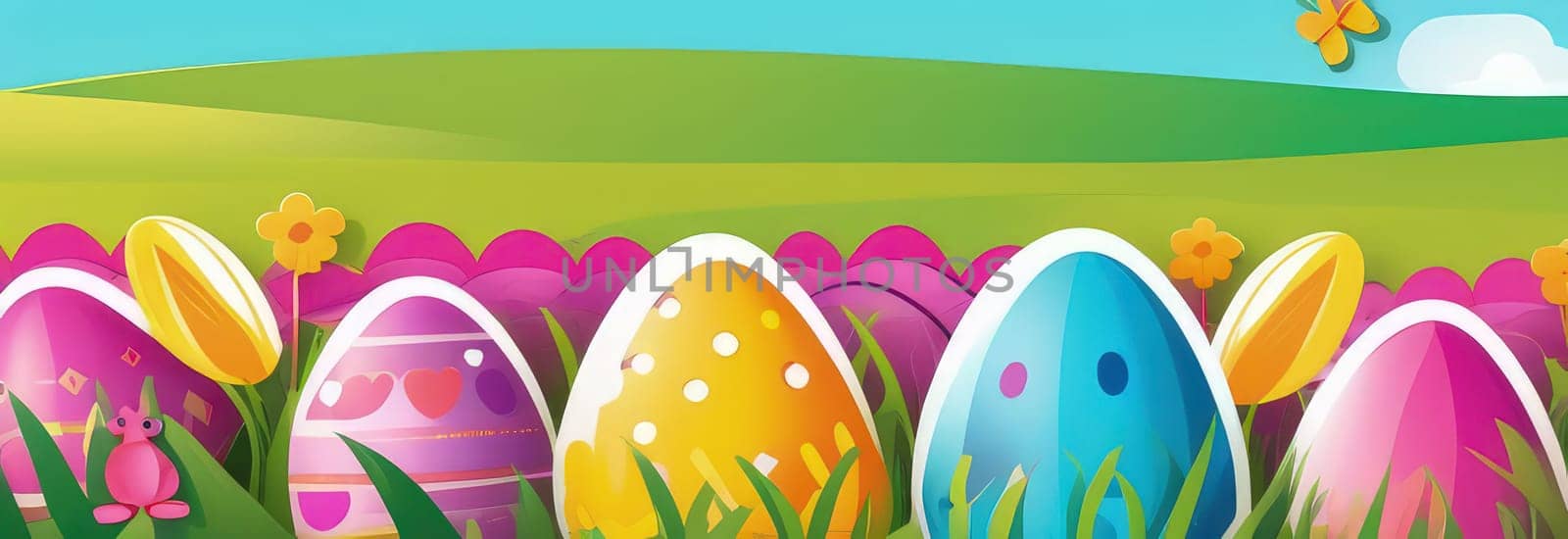 Holiday celebration banner with cute Easter decorated eggs and spring flowers on green spring meadow. Flowers in landscape. Happy Easter greeting card, banner, festive background.Copy space