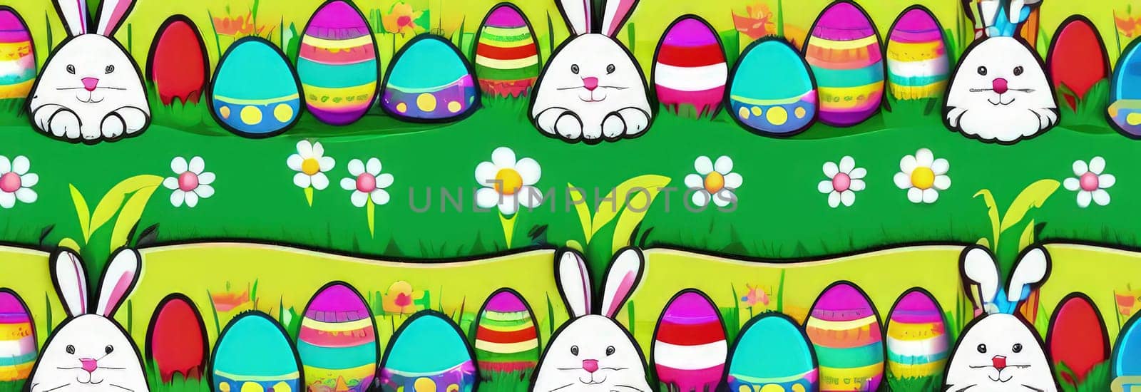 Holiday celebration banner with cute Easter decorated eggs and spring flowers on green spring meadow. Flowers in landscape. Happy Easter greeting card, banner, festive background.Copy space