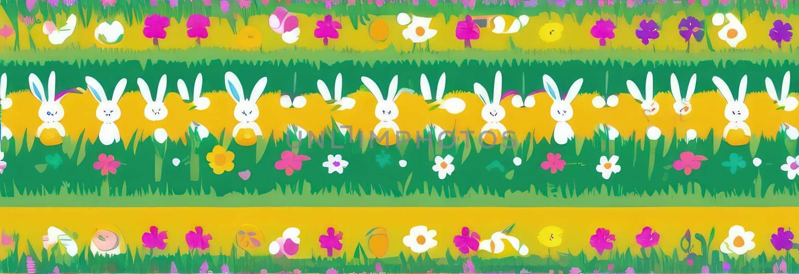 Holiday celebration banner with cute Easter decorated eggs and spring flowers on green spring meadow. Flowers in landscape. Happy Easter greeting card, banner, festive background.Copy space