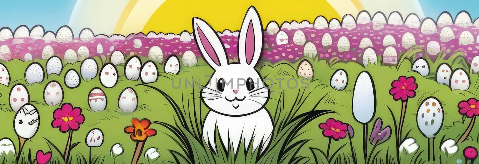 Holiday celebration banner with cute Easter bunny with decorated eggs and spring flowers on green spring meadow. Rabbit in landscape. Happy Easter greeting card, banner, festive background. Copy space