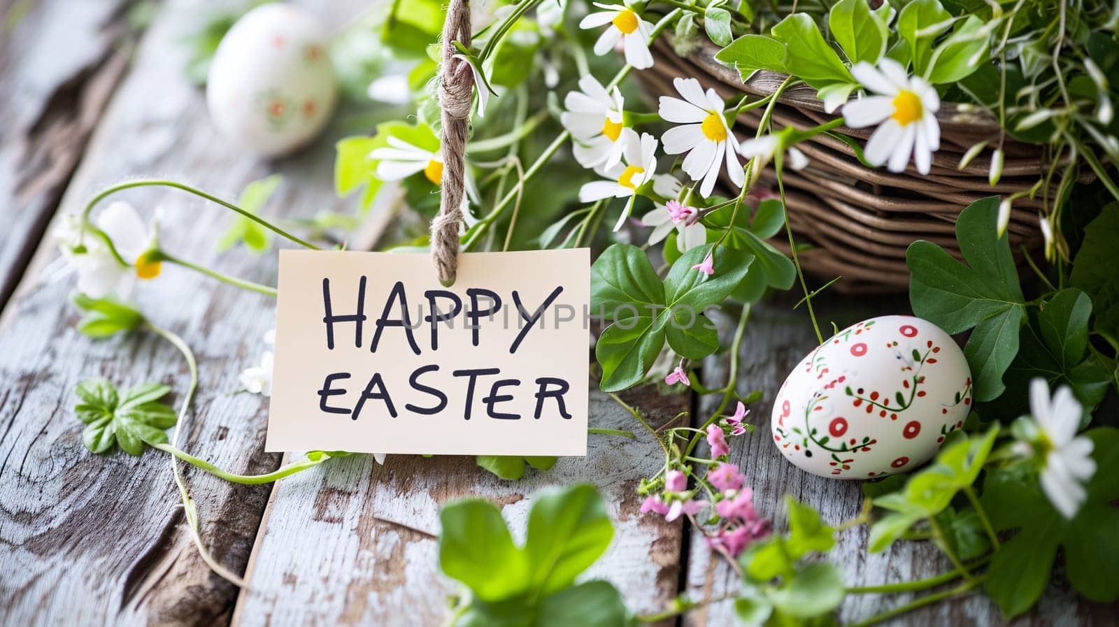 A rustic Easter setting with a 'Happy Easter' sign, decorated eggs, and fresh spring flowers - Generative AI