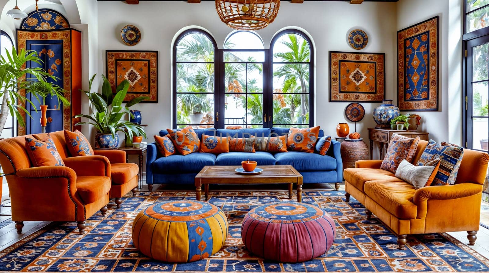 Elegant Living Room in Moroccan or bohemian Style With Vibrant Decor and Natural Light by chrisroll