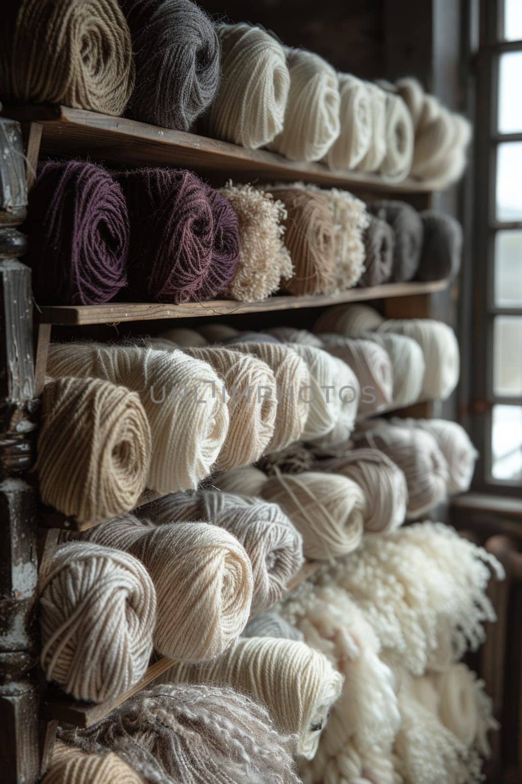 A variety of colorful yarn skeins neatly arranged on a rack in a store.