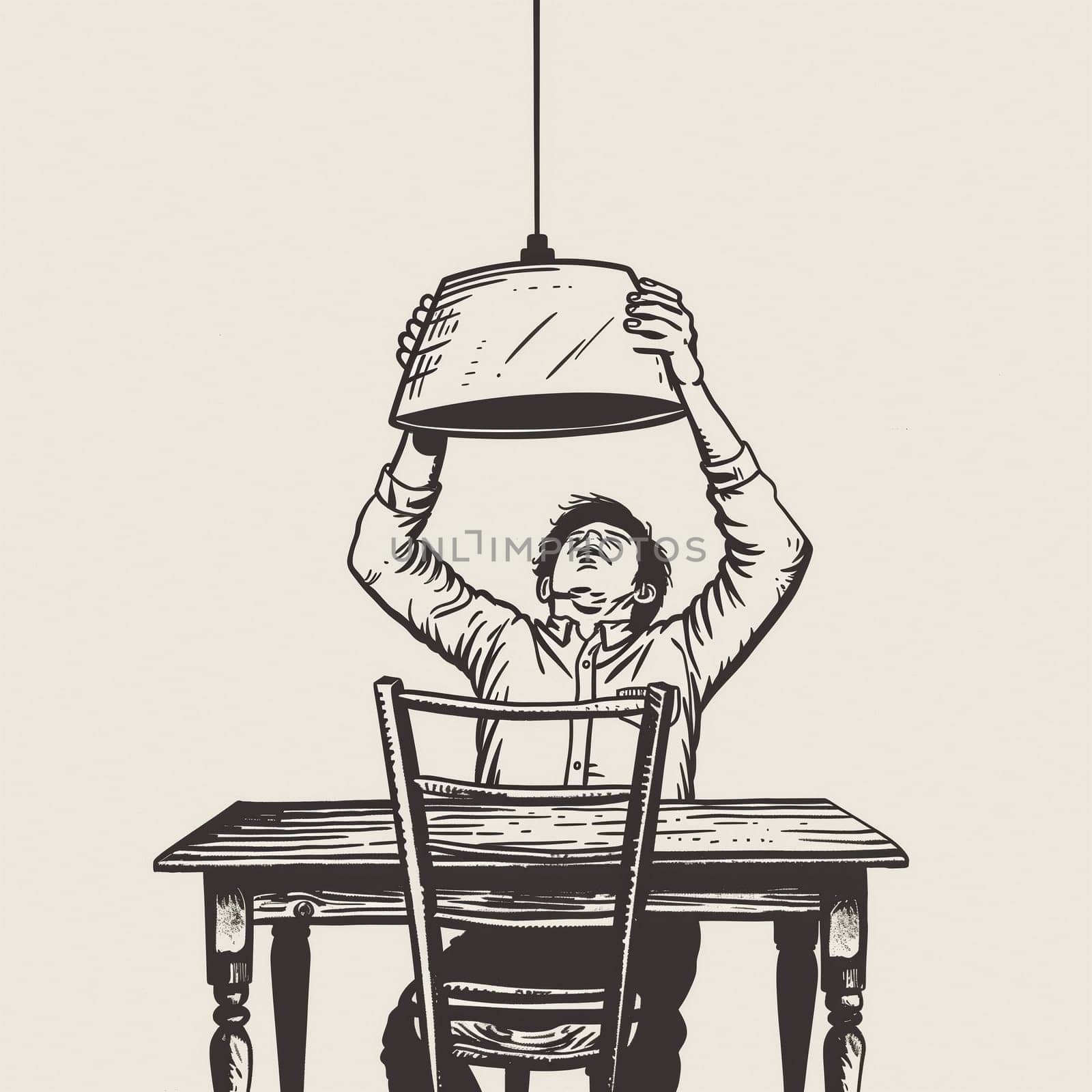 A man looks under the chandelier. High quality illustration