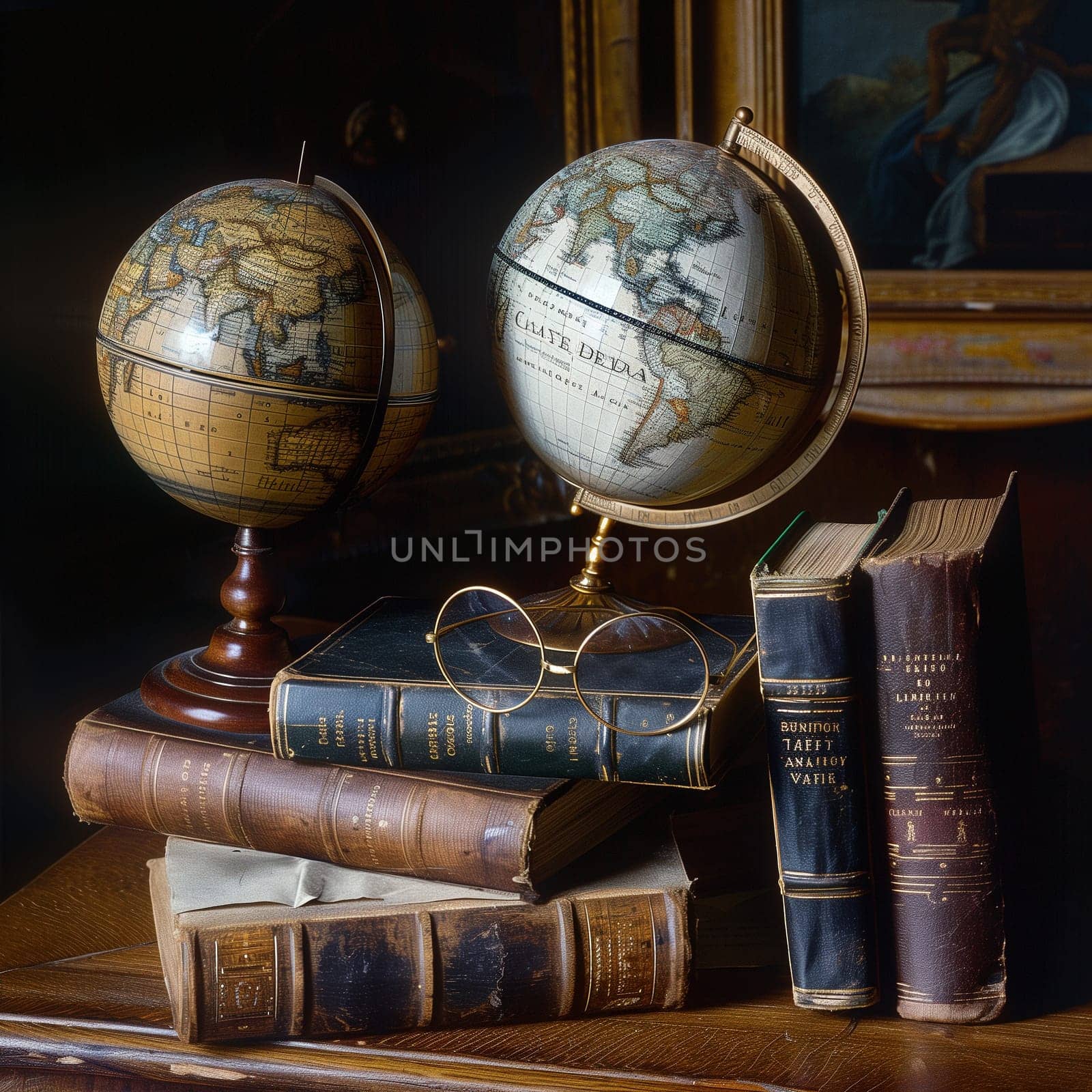 A still life of books, glasses and a globe for education. High quality illustration