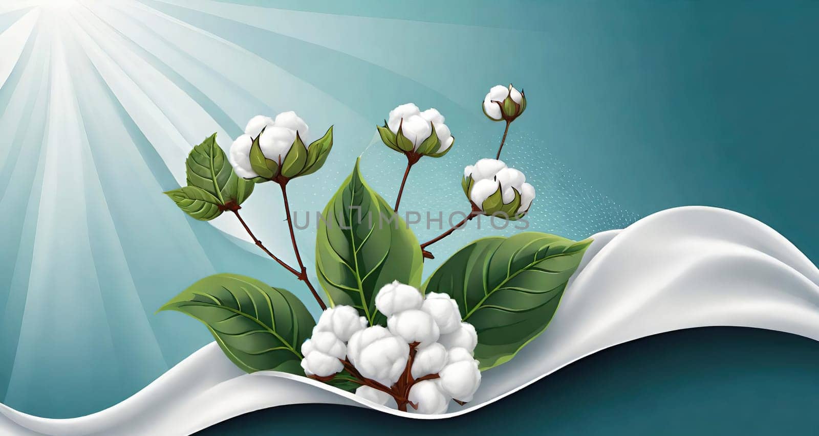 Cotton branch with green leaves on knitted background. by yilmazsavaskandag