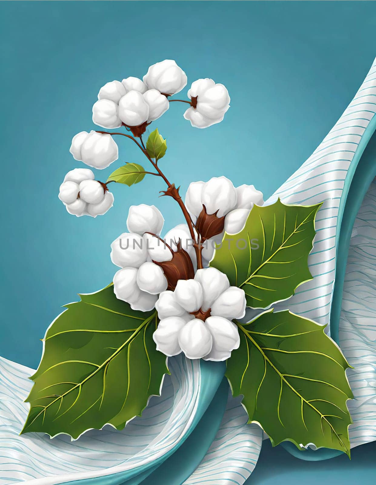 Cotton branch with green leaves on knitted background. Vector illustration.Illustration of a white cotton flower on a cloth background. Beautiful cotton flowers with green leaves on fabric, closeup