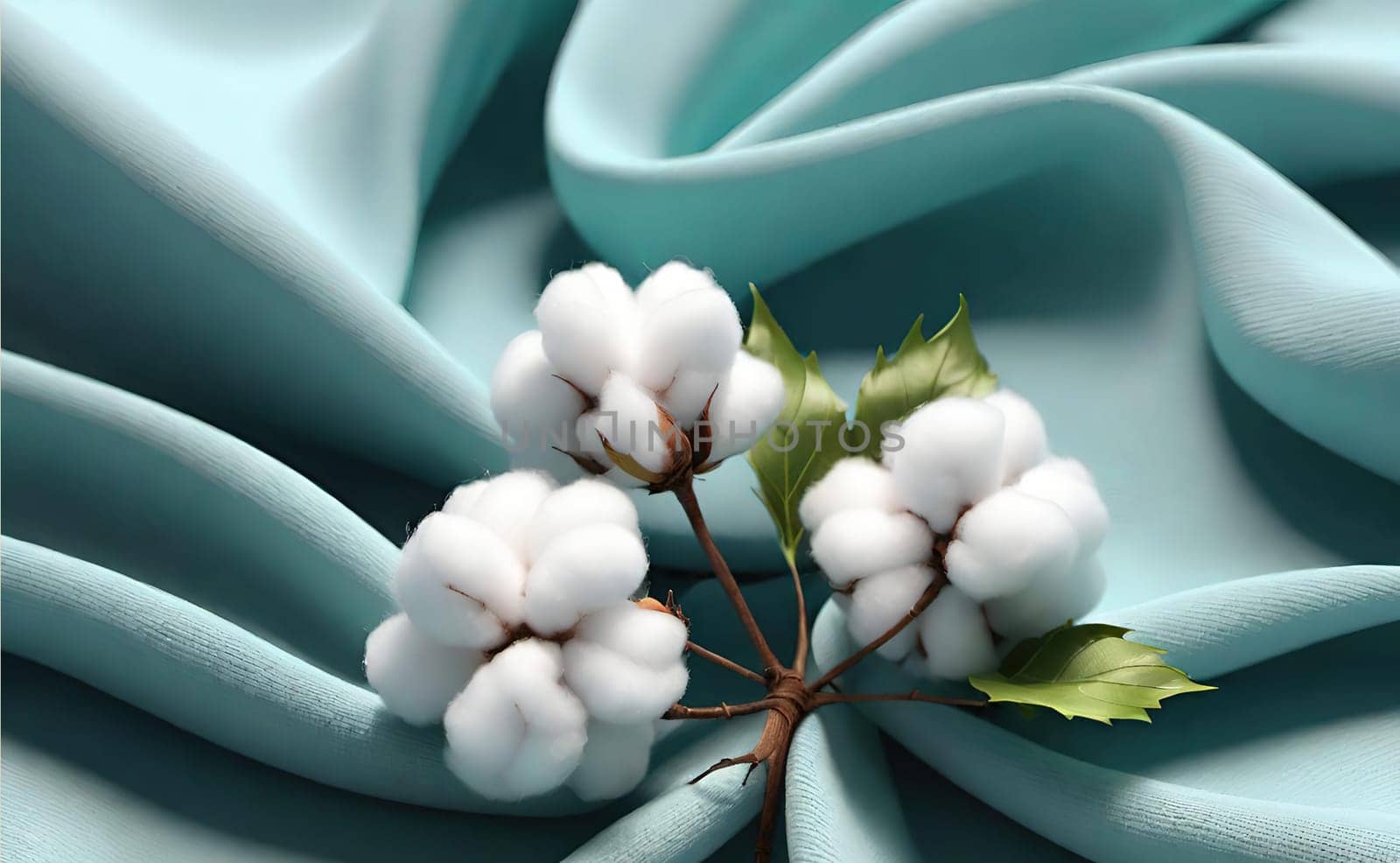 Cotton branch with green leaves on knitted background. Vector illustration.Illustration of a white cotton flower on a cloth background. Beautiful cotton flowers with green leaves on fabric, closeup