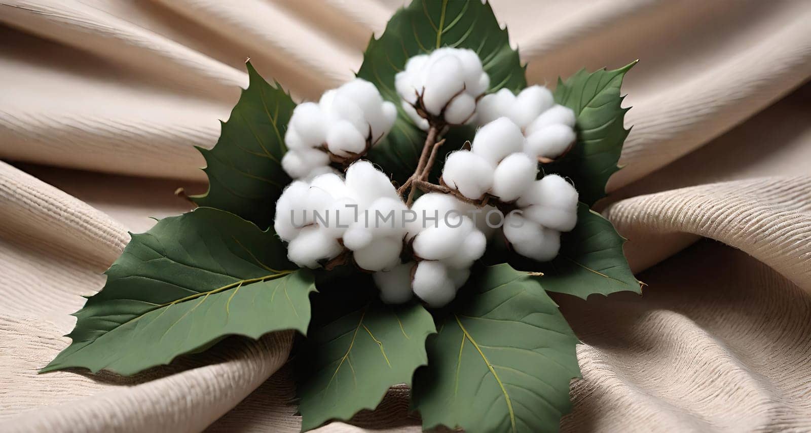 Cotton branch with green leaves on knitted background. by yilmazsavaskandag
