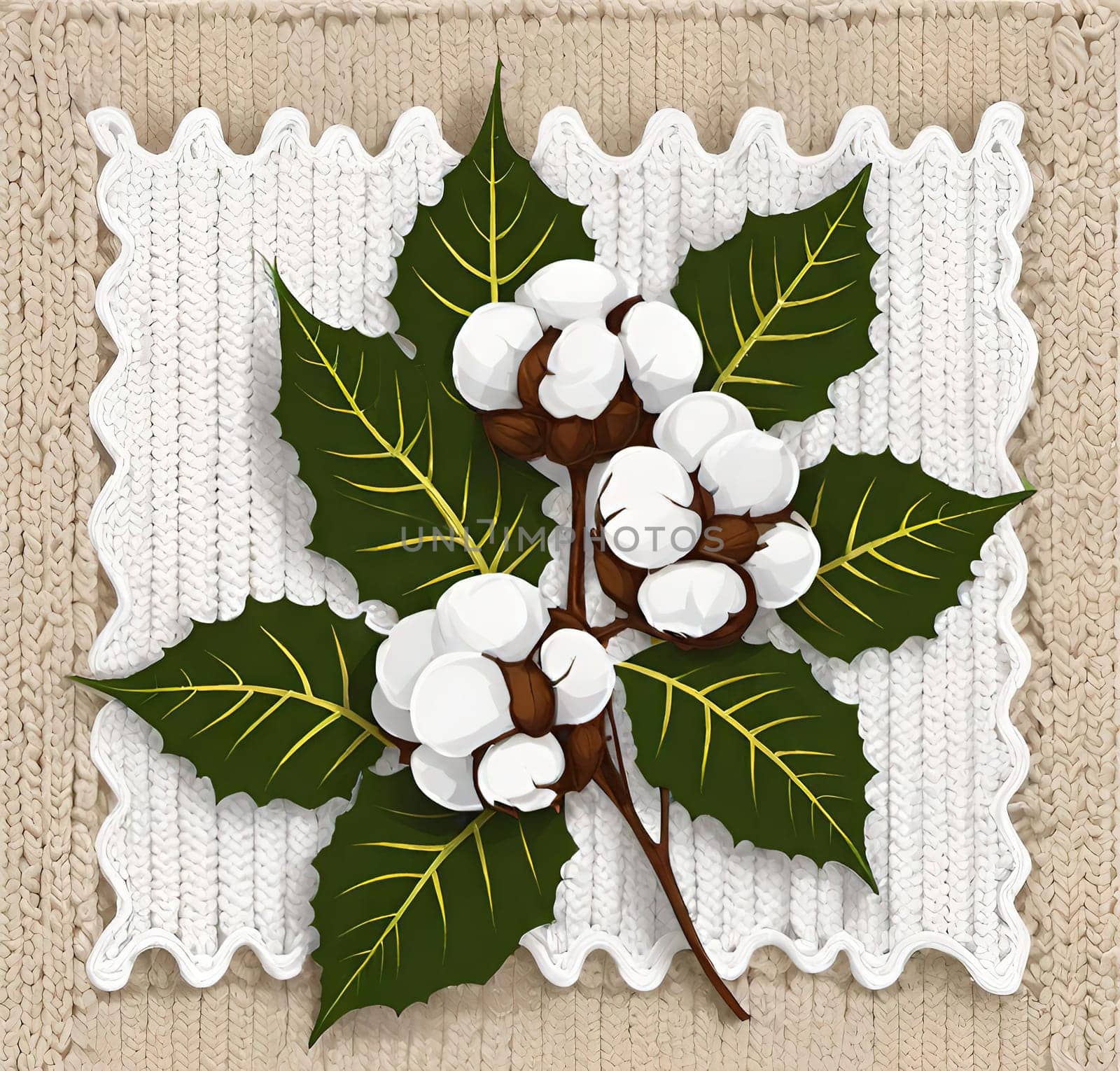 Cotton branch with green leaves on knitted background. Vector illustration.Illustration of a white cotton flower on a cloth background. Beautiful cotton flowers with green leaves on fabric, closeup