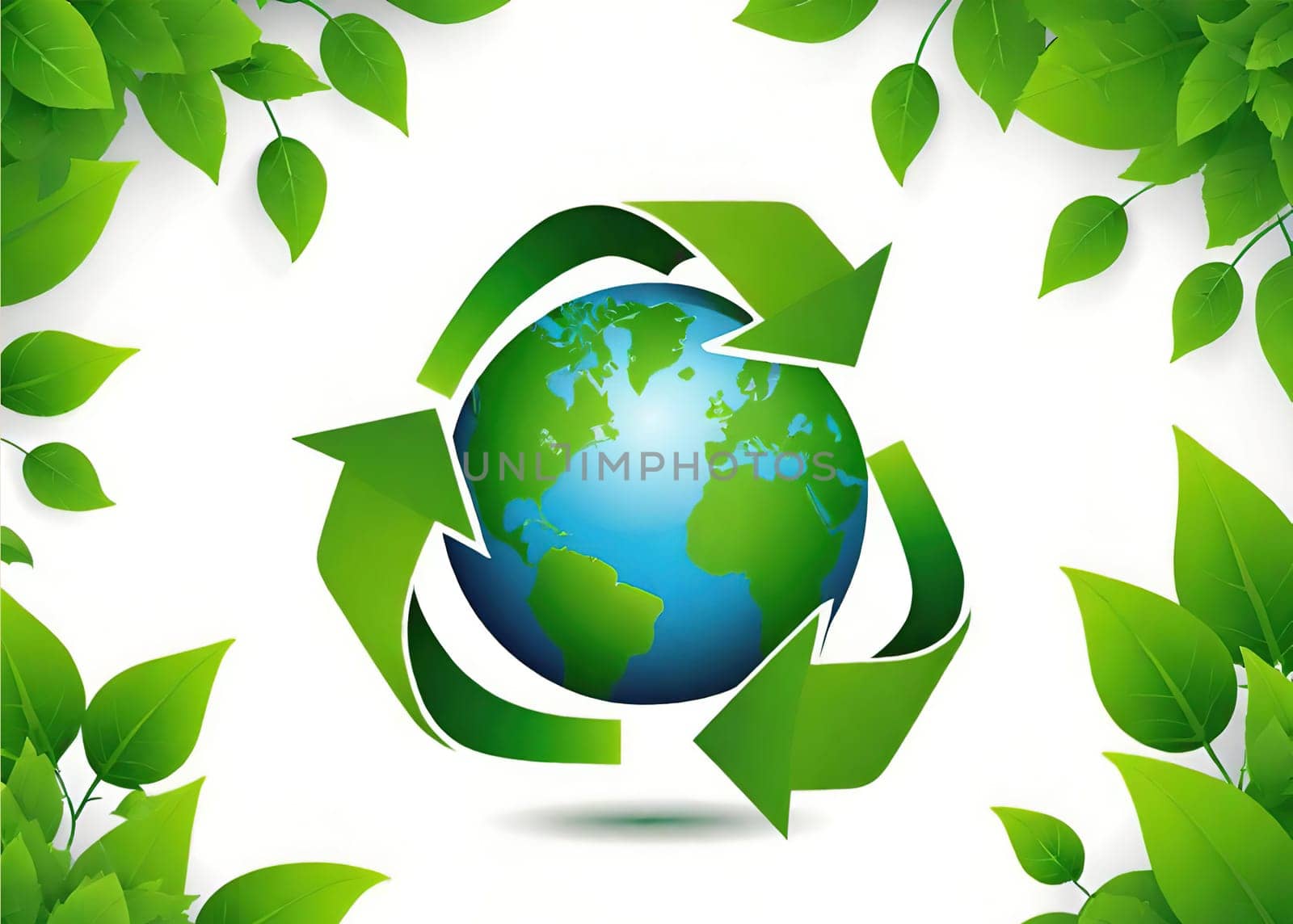 Recycling symbol with green leaves. Vector illustration.Ecology design over white background. Recycling concept and green leaves, vector illustration. Globe and ecology concept.