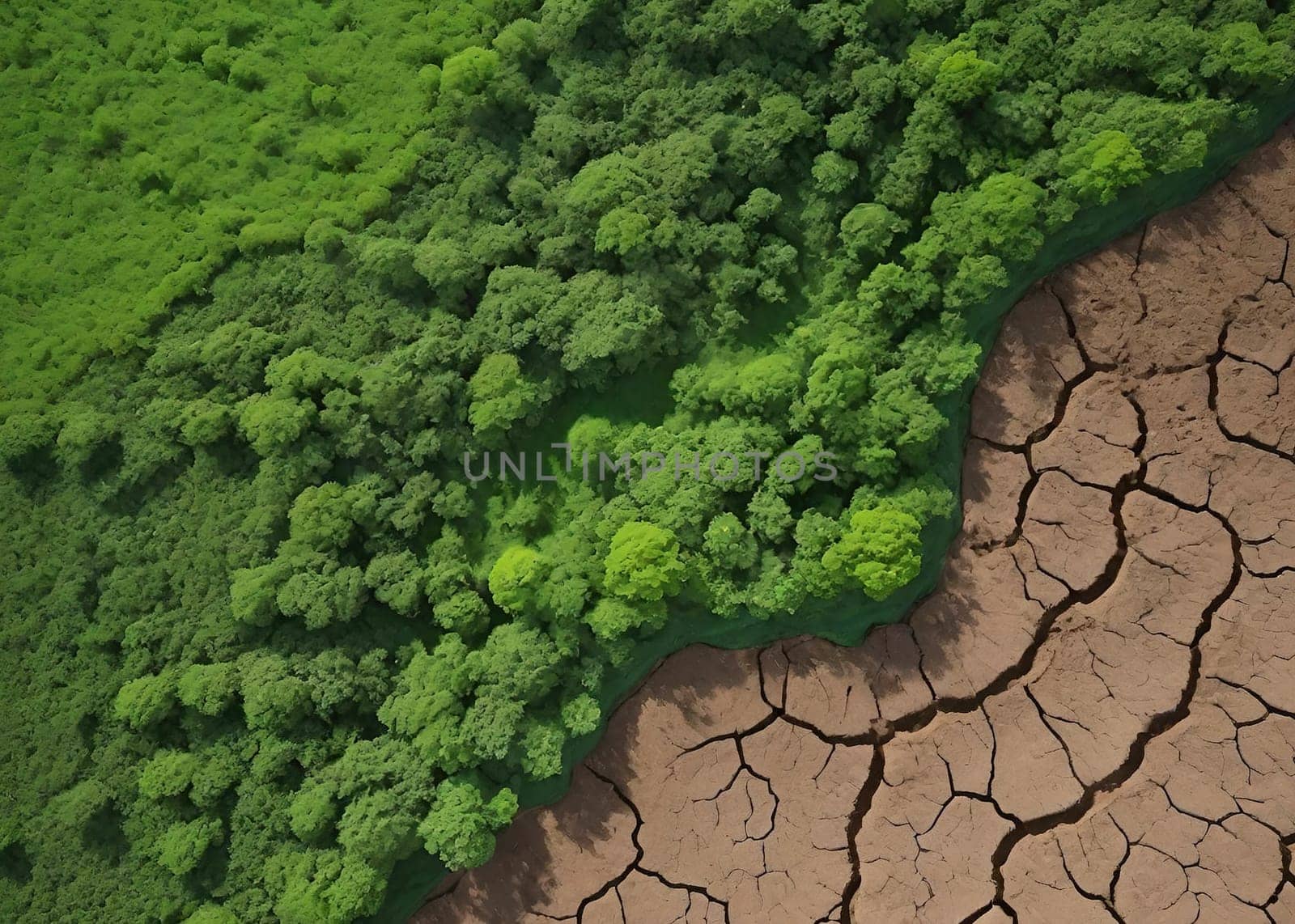 Green nature in the middle of a dry and cracked earth, aerial view. by yilmazsavaskandag