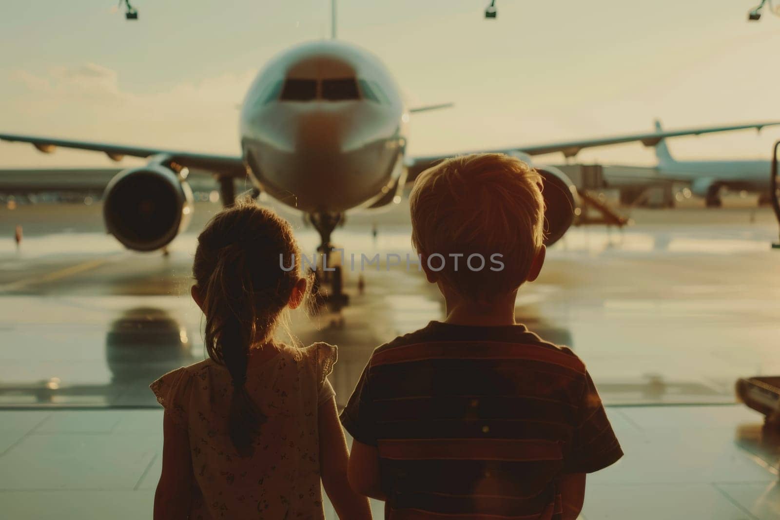 Excited children watching at the airplane parked on the terminal, family travel trip.