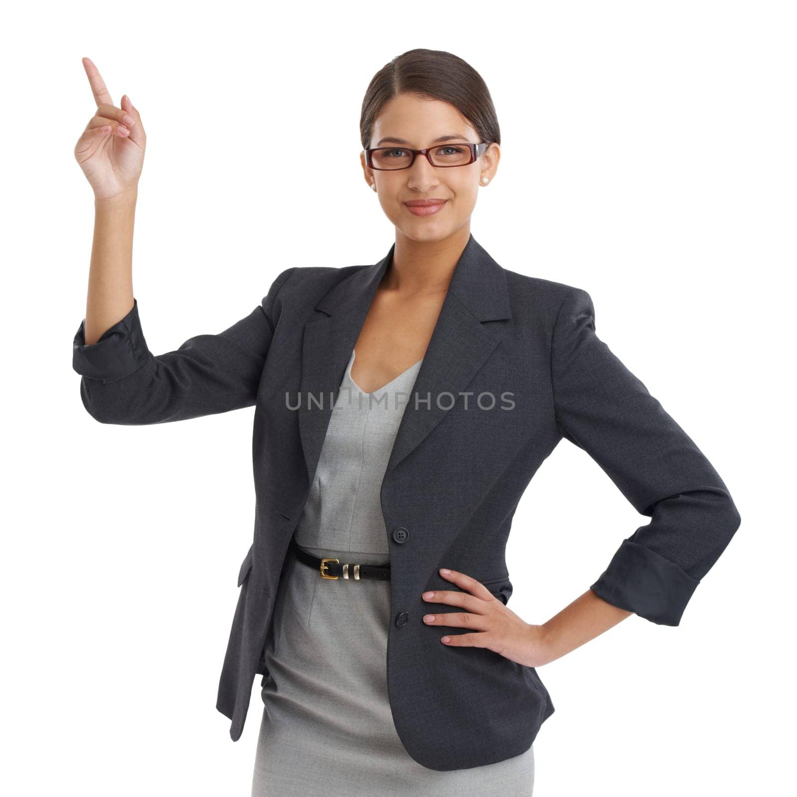 Portrait, business woman is pointing and presentation with information about us, communication and corporate training. Advertising, coaching and announcement with professional news or opportunity.