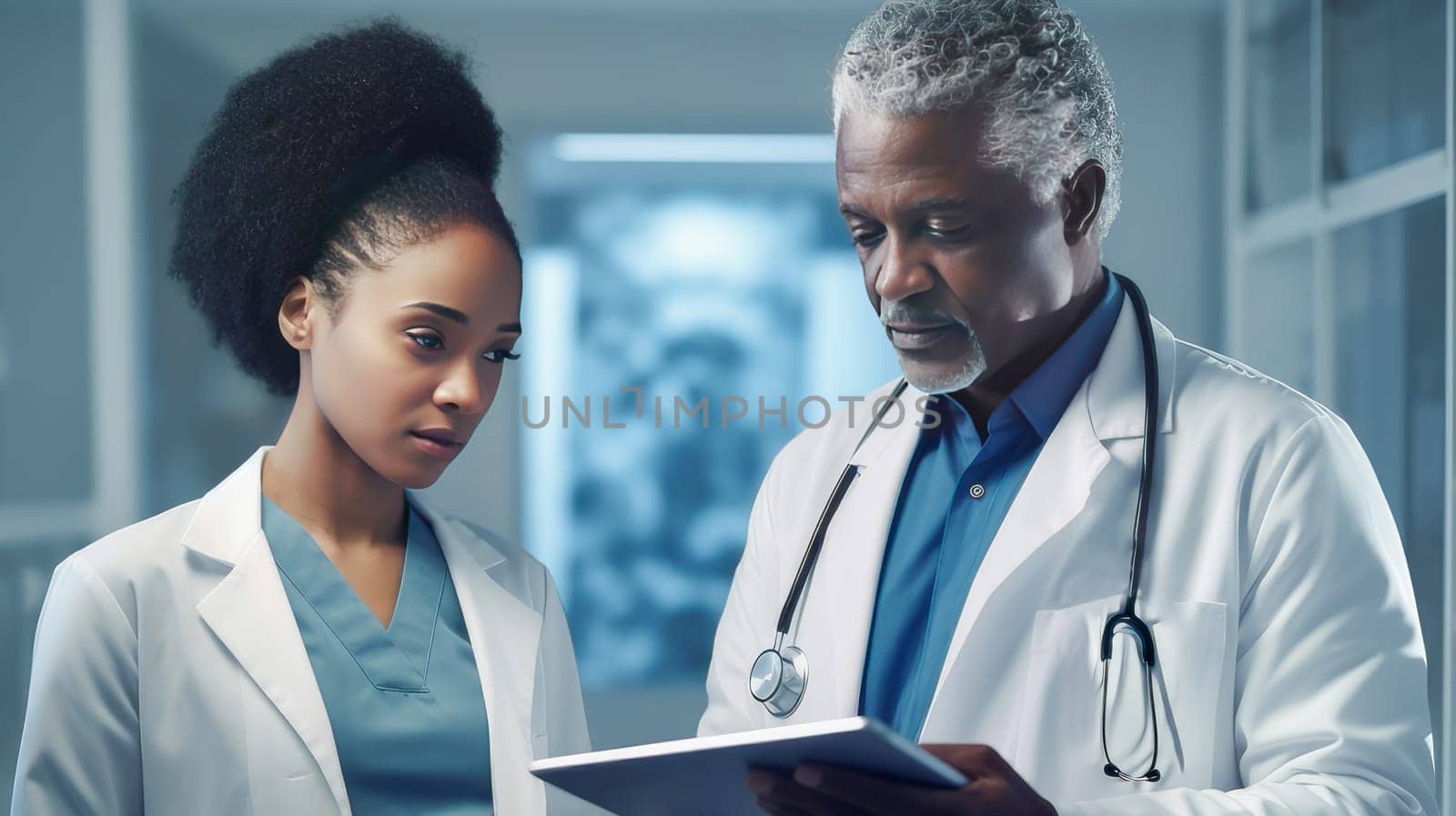 A dark-skinned African American woman and a man are in a medical modern bright hospital with modern equipment, where a person undergoes an examination. Hospital, medicine, doctor and pharmaceutical company, healthcare and health insurance.