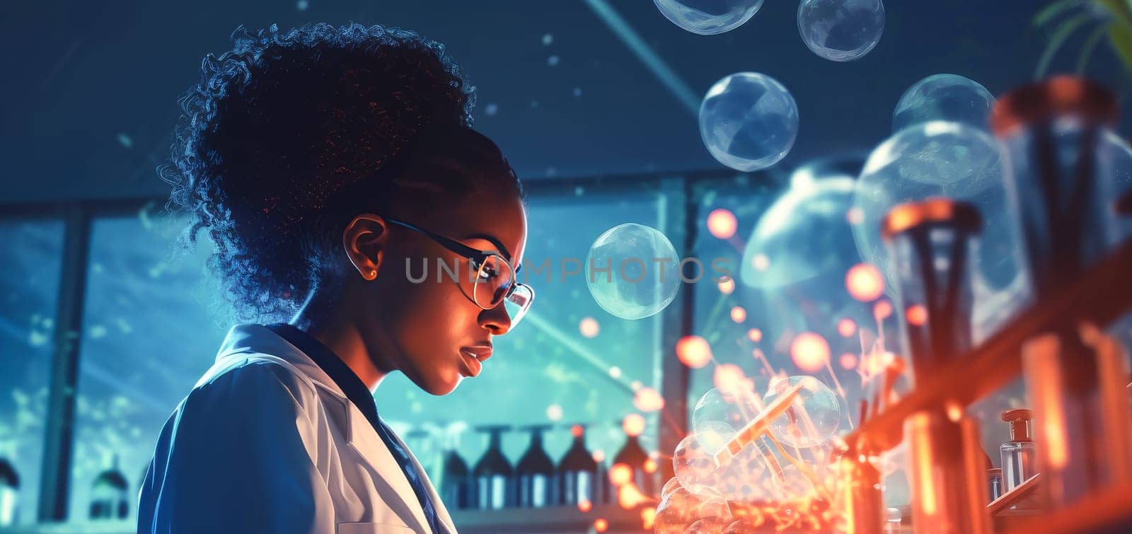 Doctor woman dark-skinned African American in a modern laboratory in a medical hospital with modern equipment. Hospital, medicine, doctor and pharmaceutical company, healthcare and health insurance.