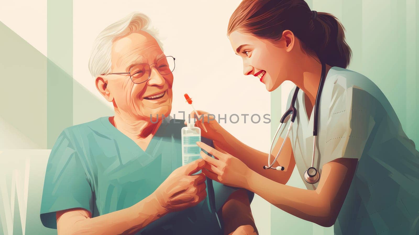 An elderly old patient, a dark-skinned African-American woman, at an appointment with a doctor in a modern bright medical ward of a hospital with modern equipment, new technologies. Hospital, medicine, doctor and pharmaceutical company, healthcare and health insurance.