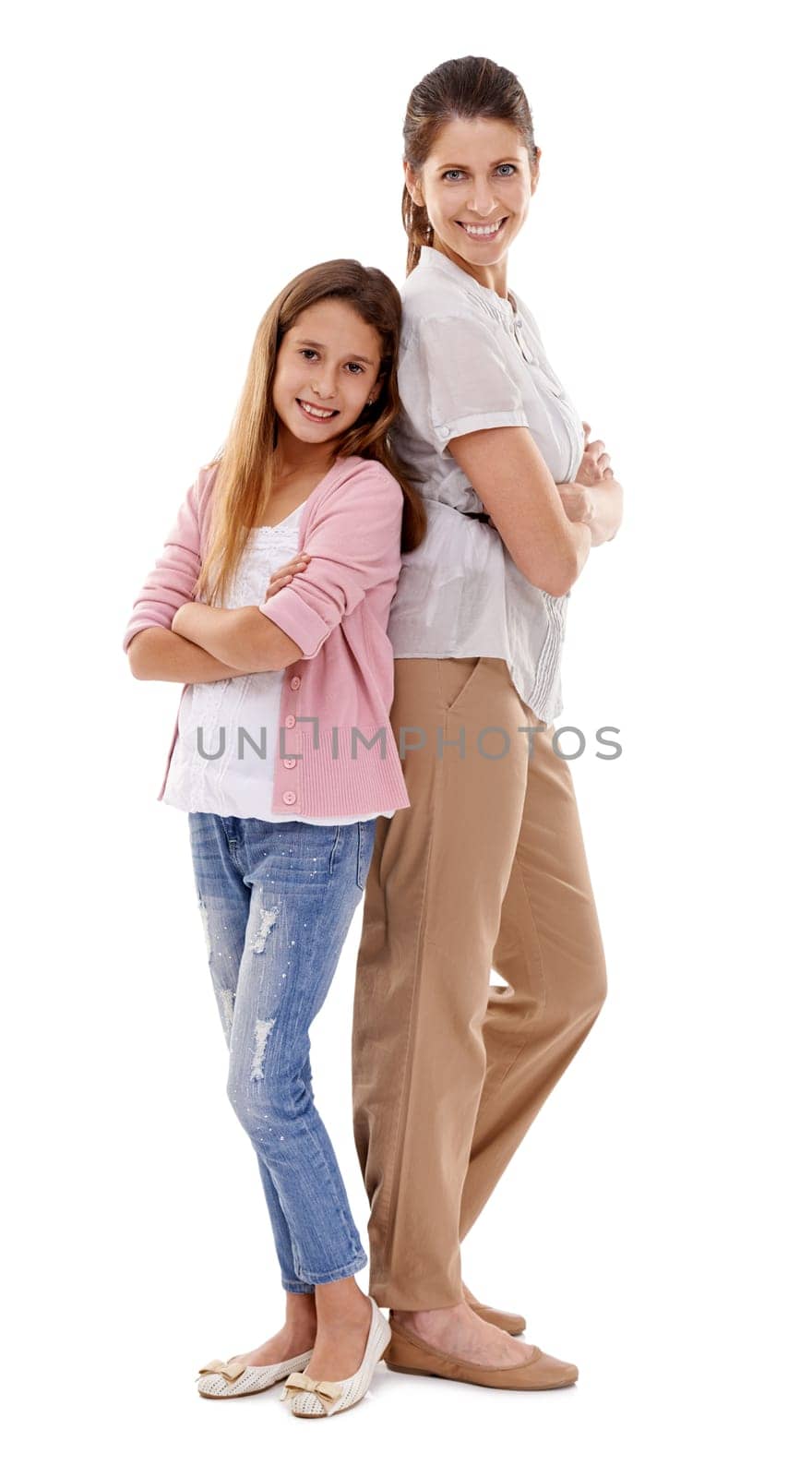 Happy, fashion and portrait of mother and child on white background for care, love and relationship. Family, smile and isolated mom with girl in casual style for bonding, support and proud in studio.