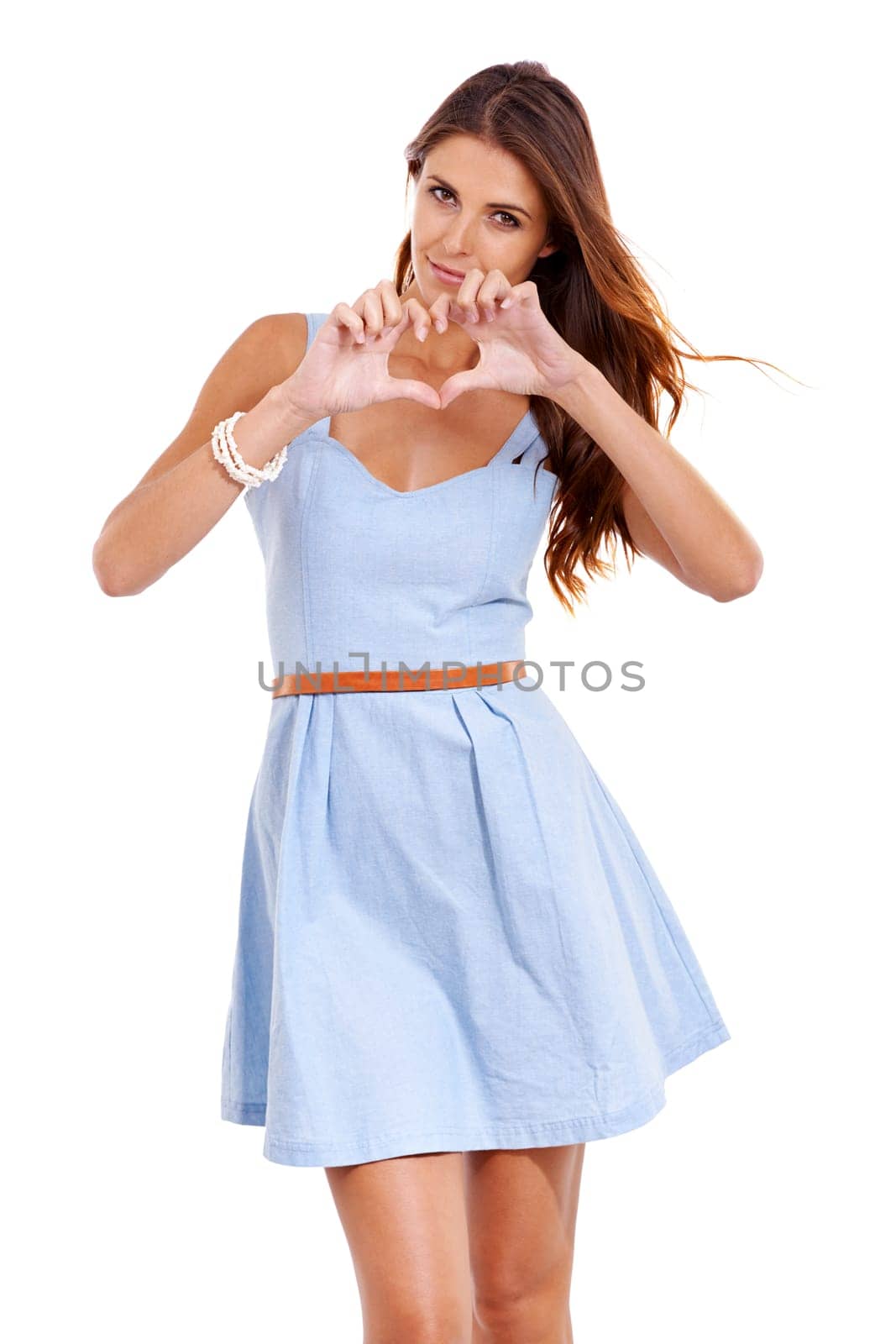 Portrait, heart and hands of woman for love, care or support isolated on white studio background for peace. Emoji, romance and person with hand gesture for kindness, valentines day and thank you sign.
